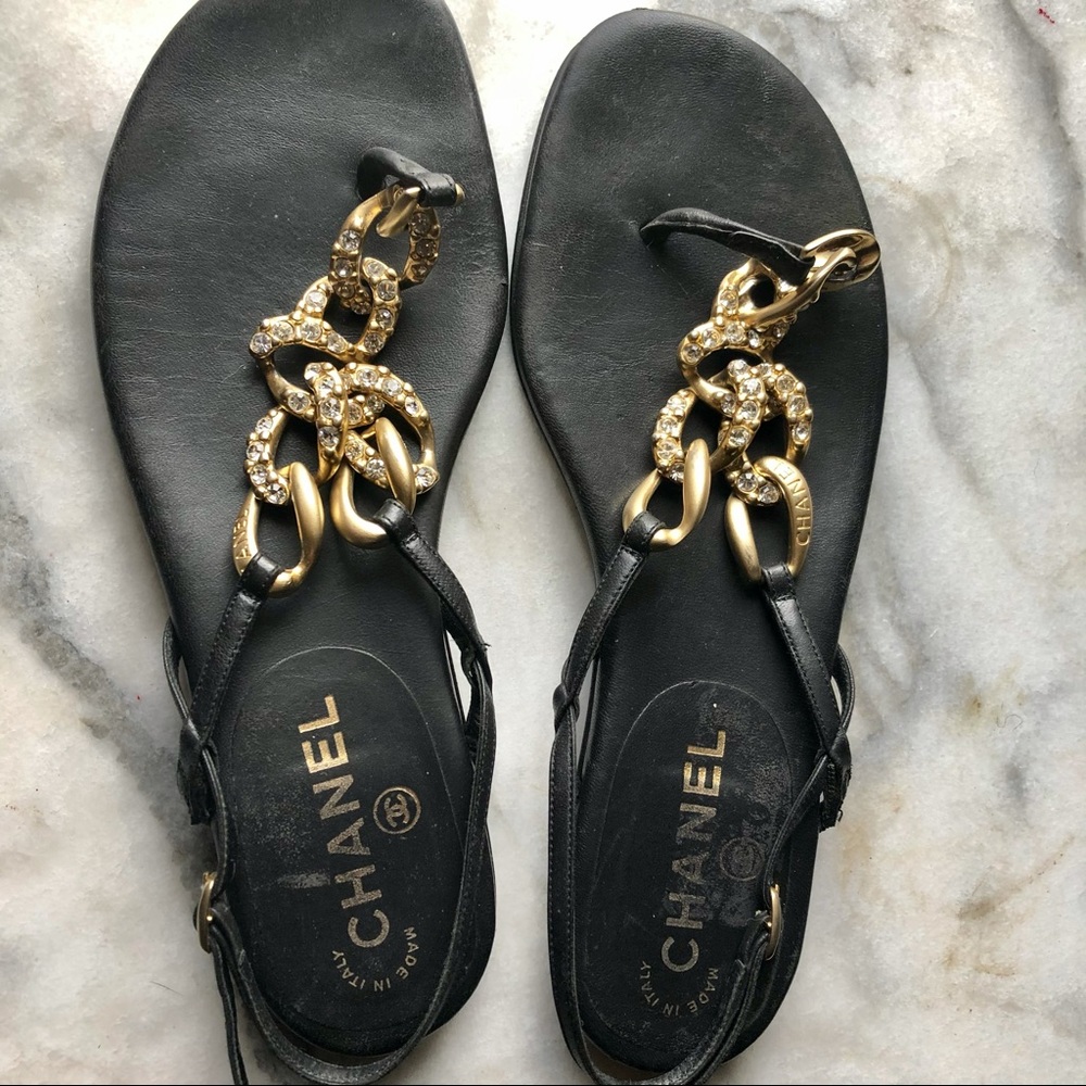 CHANEL Lambskin crystal encrusted gold link sandal
